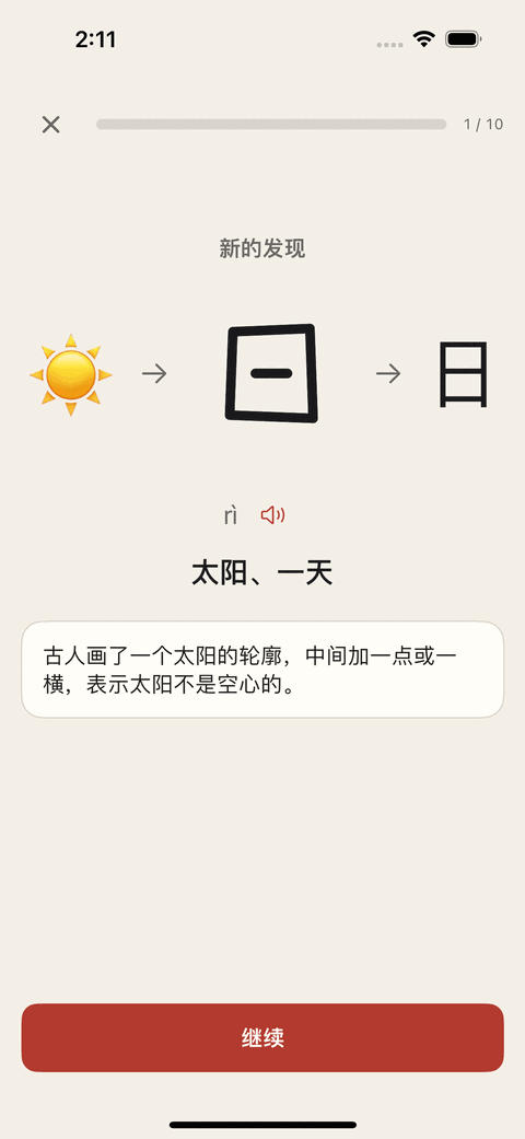 应用中的发现步骤：一个太阳的图画、箭头、甲骨文的“日”、箭头、现代的“日”，下面写着读音 rì 和“太阳、一天”。